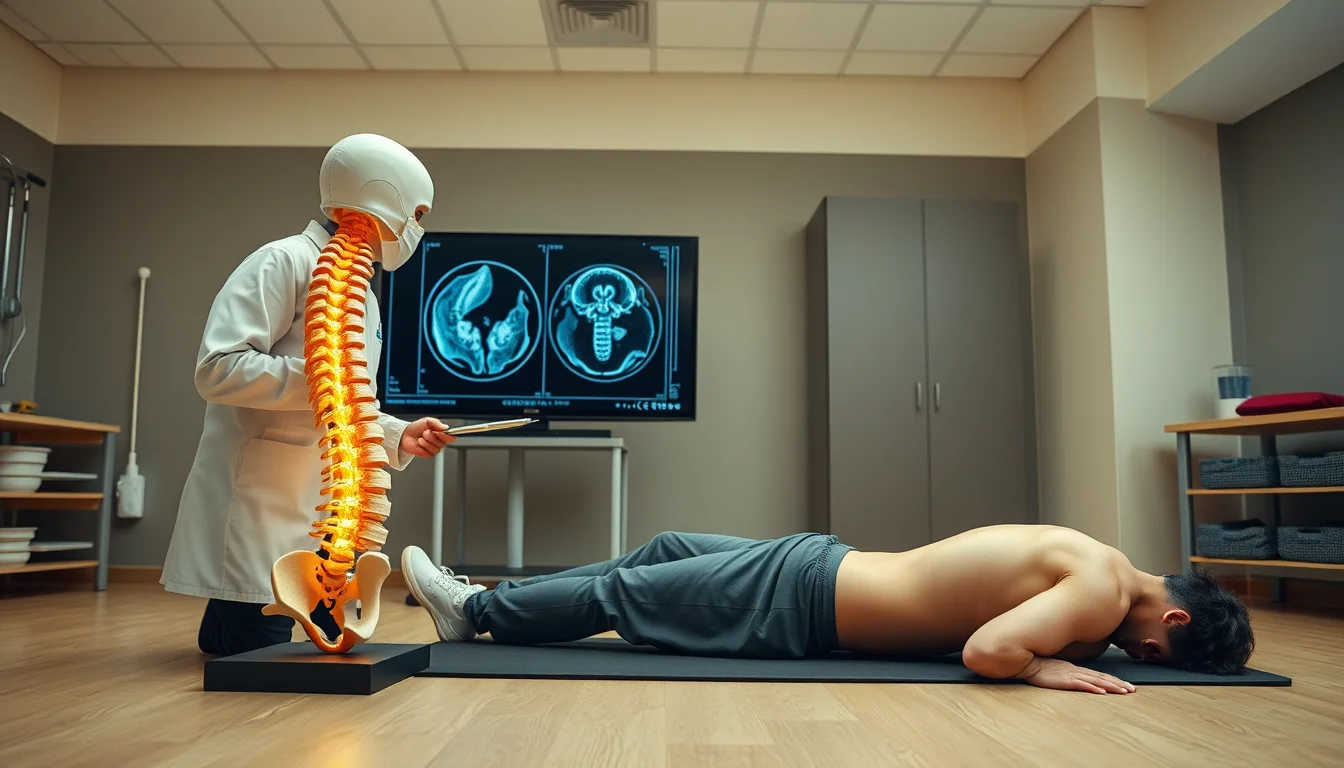 Especialista en columna vertebral examinando una maqueta anatómica de hernia discal lumbar L4-L5 y pautas seguras de entrenamiento