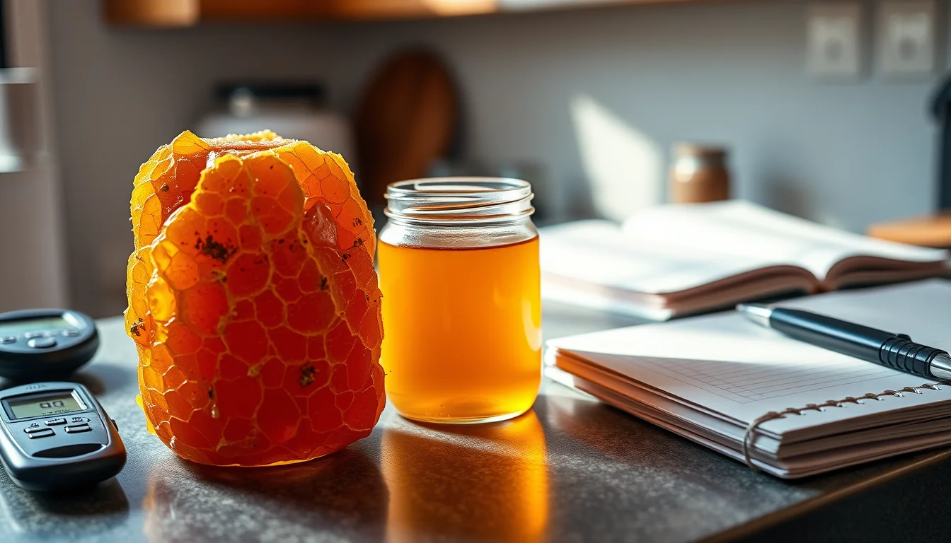 Tarro de cristal de miel pura de flores con panal natural sobre tabla de preparación dietética junto a glucómetro