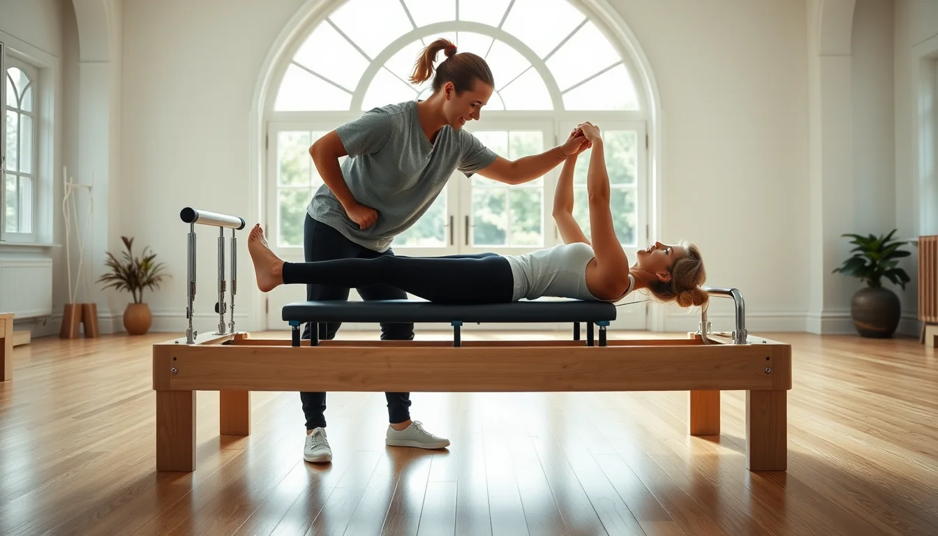 Instructora guiando ejercicios de precisión postural en máquina Pilates Reformer de madera noble en estudio luminoso