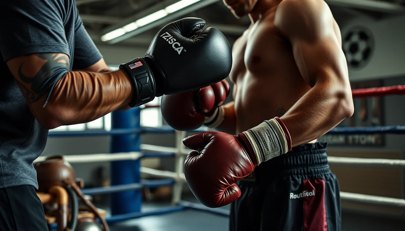 Protege tus puños con las mejores medidas de guantes de boxeo 7 Entrenador ajustando guantes de boxeo de cuero de 14 onzas sobre vendaje profesional en ring de combate