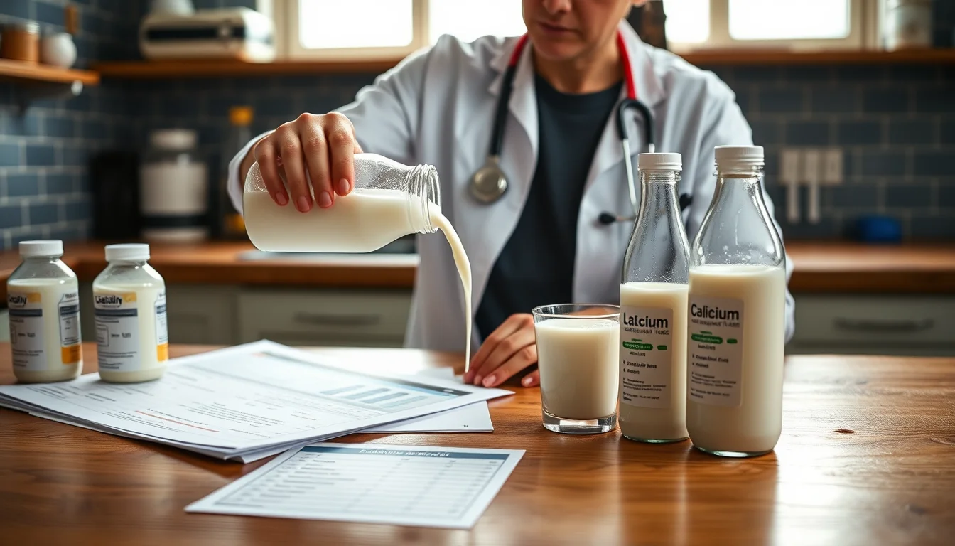 Nutricionista clínico analizando etiquetado nutricional y vertiendo leche sin lactosa fresca en vaso de cristal