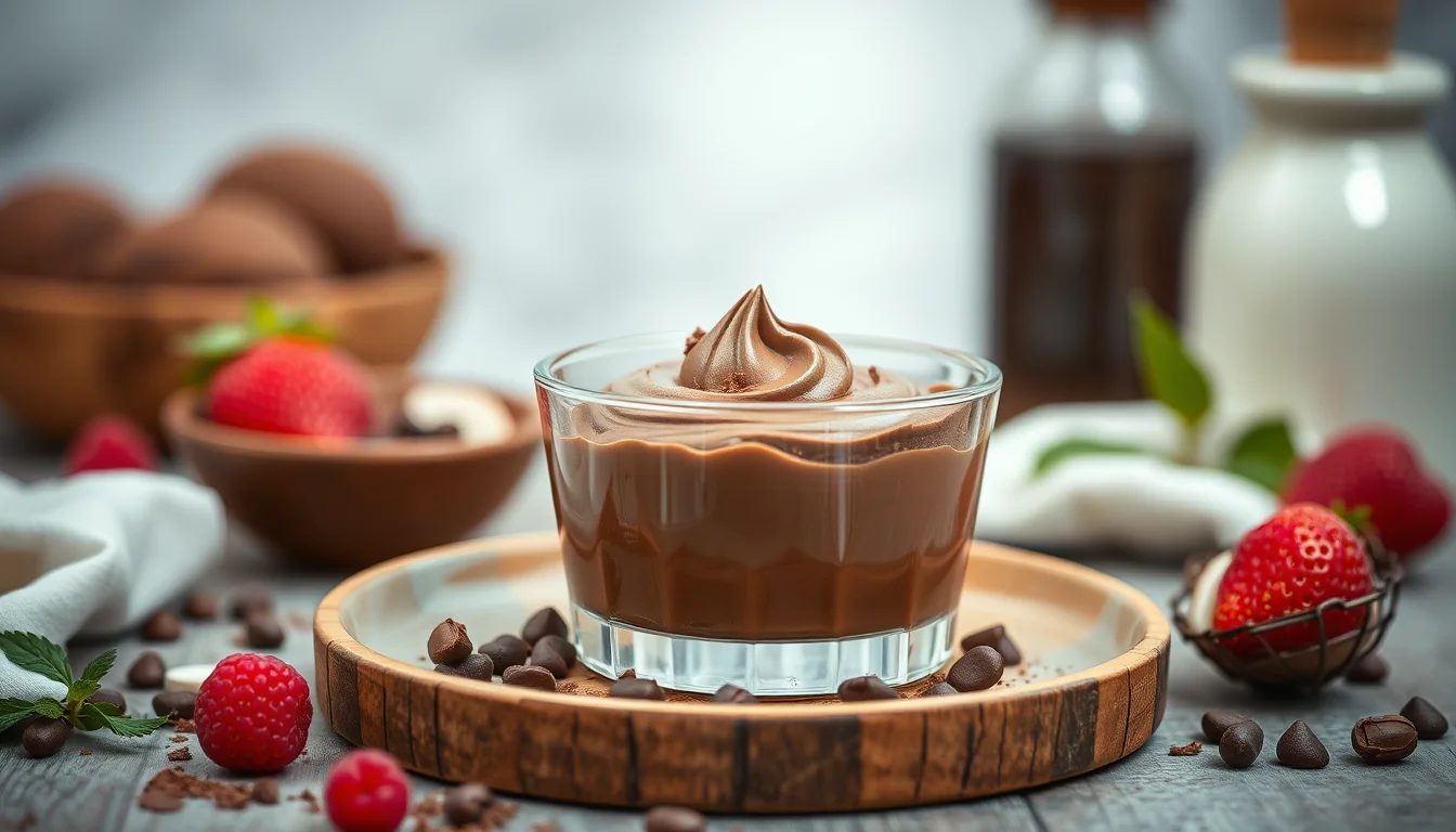 Deliciosa mousse de chocolate vegano con leche de coco: una opción saludable y tentadora. 13 Fotografía documental de deliciosa mousse de chocolate vegano con leche de coco: una opción saludable y tentadora. con enfoque profesional en salud, deporte y nutrición real