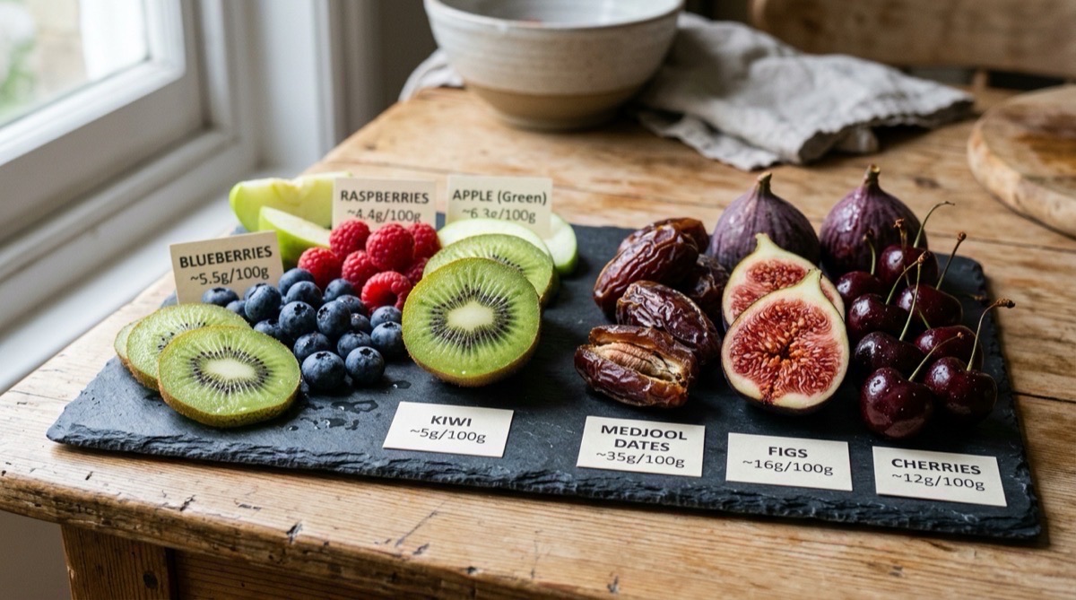 Frutas y Fructosa: Tabla Completa de Contenido Glúcido para Atletas · Fotografía Editorial Documental 16:9