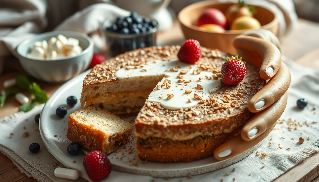 Fotografía documental de saca músculo con la deliciosa torta de avena proteica con enfoque profesional en salud, deporte y nutrición real