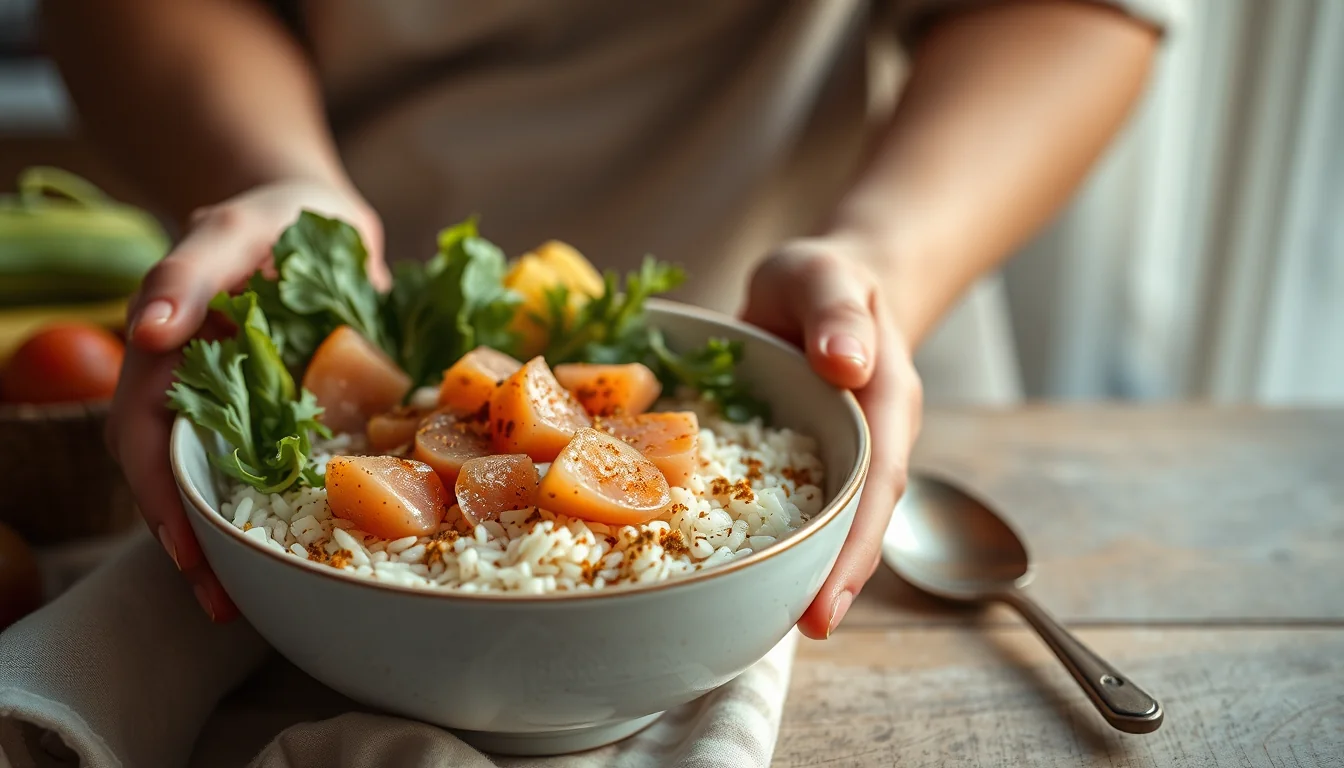 Fotografía documental de ¡delicioso bowl de salmón y arroz para una cena saludable! con enfoque profesional en salud, deporte y nutrición real