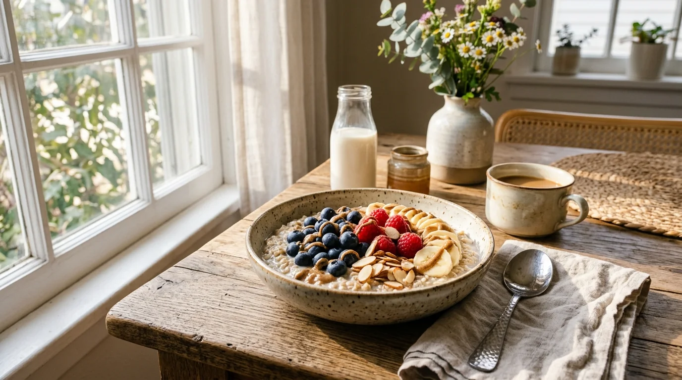 Fotografía de tortitas de avena bajas en calorías: desayuno saludable y delicioso con entrenamiento y nutrición deportiva profesional