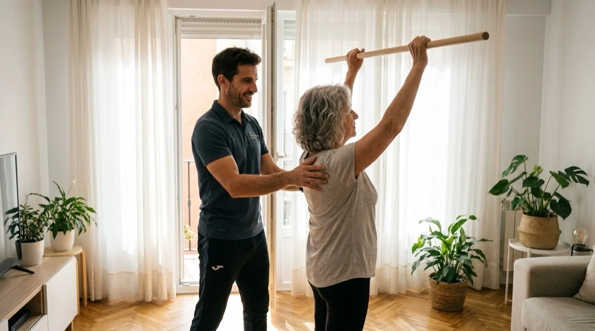 Fotografía de gimnasia para mayores de 70 años en casa: rutina segura de 15 minutos con equipamiento deportivo y técnica profesional