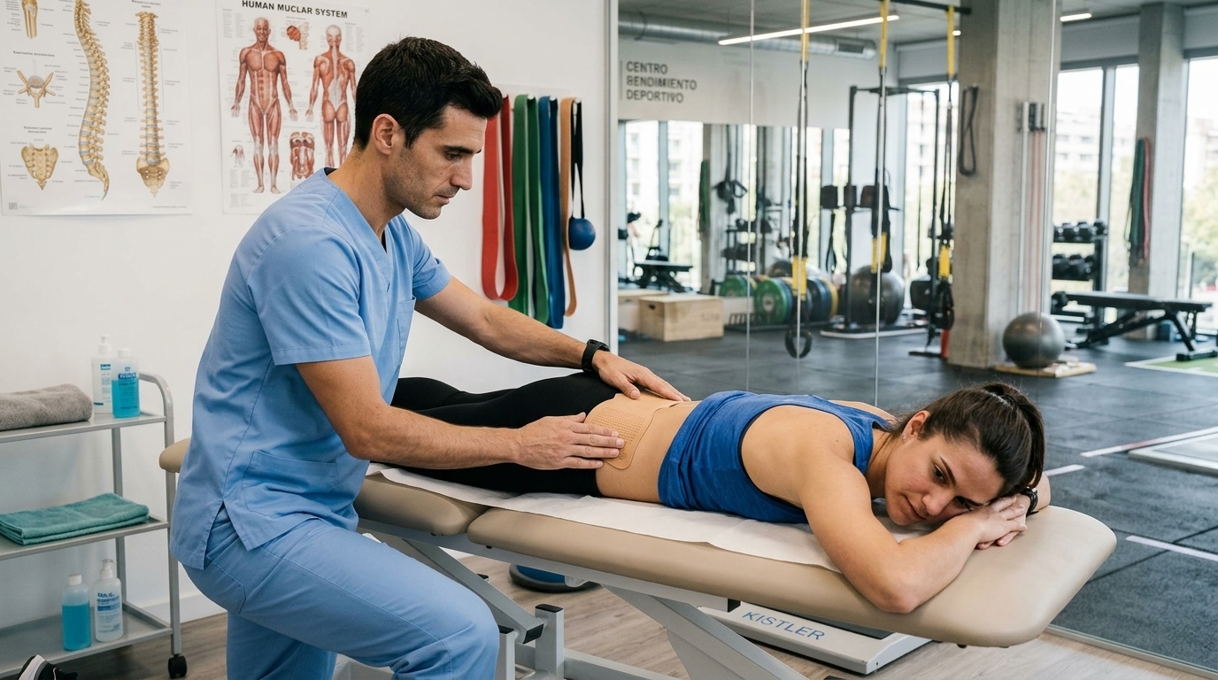 Fisioterapeuta aplicando parche térmico adhesivo en zona lumbar de deportista en camilla de consulta