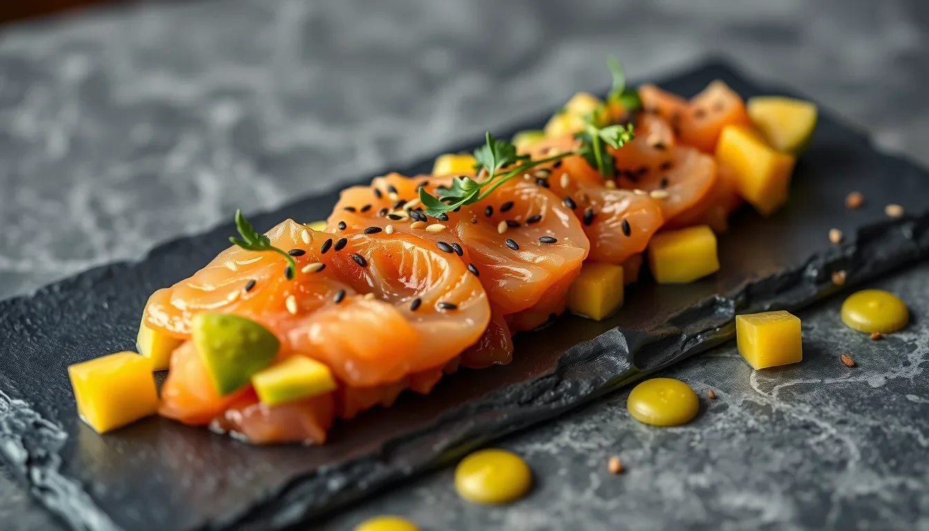 Fotografía de tartar de salmón y aguacate japonés: la perfecta fusión culinaria con entrenamiento y nutrición deportiva profesional