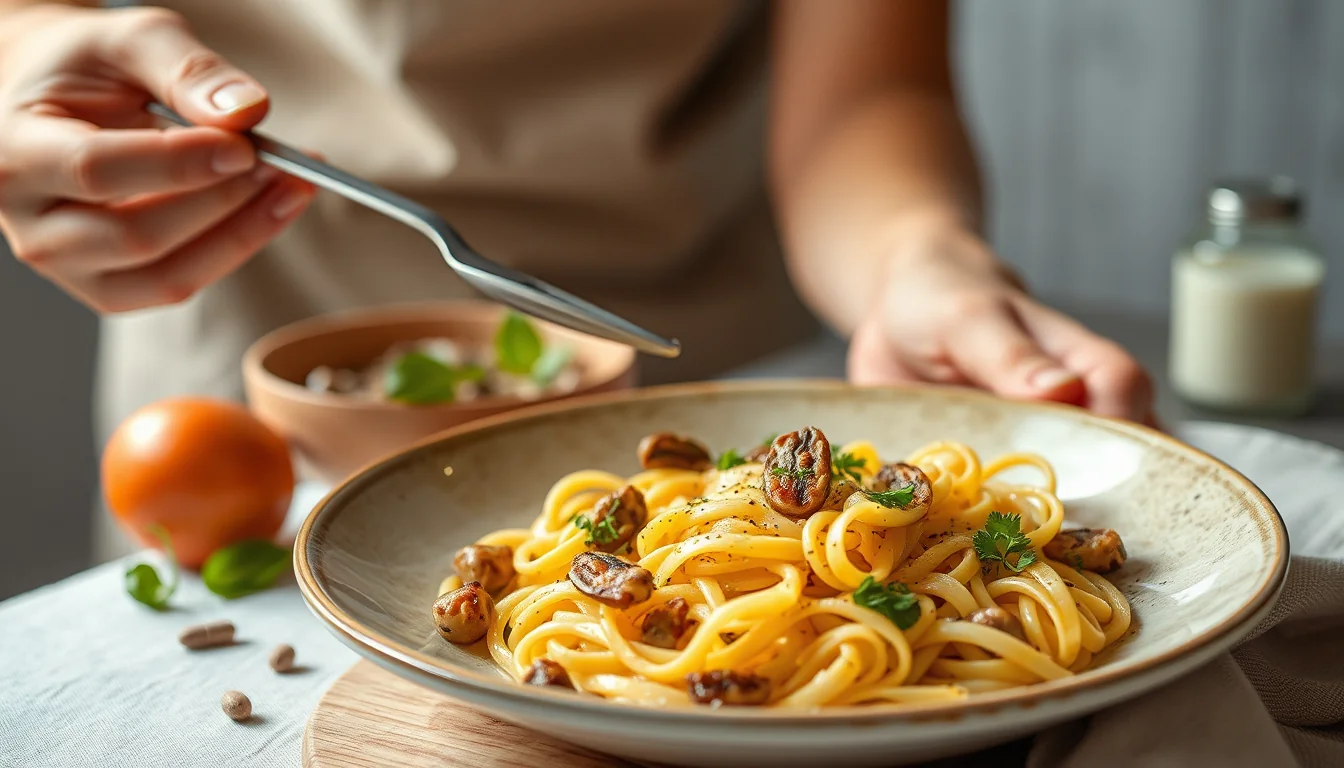 Fotografía documental de disfruta de la pasta perfecta con farfalle a la boloñesa en casa con enfoque profesional en salud, deporte y nutrición real