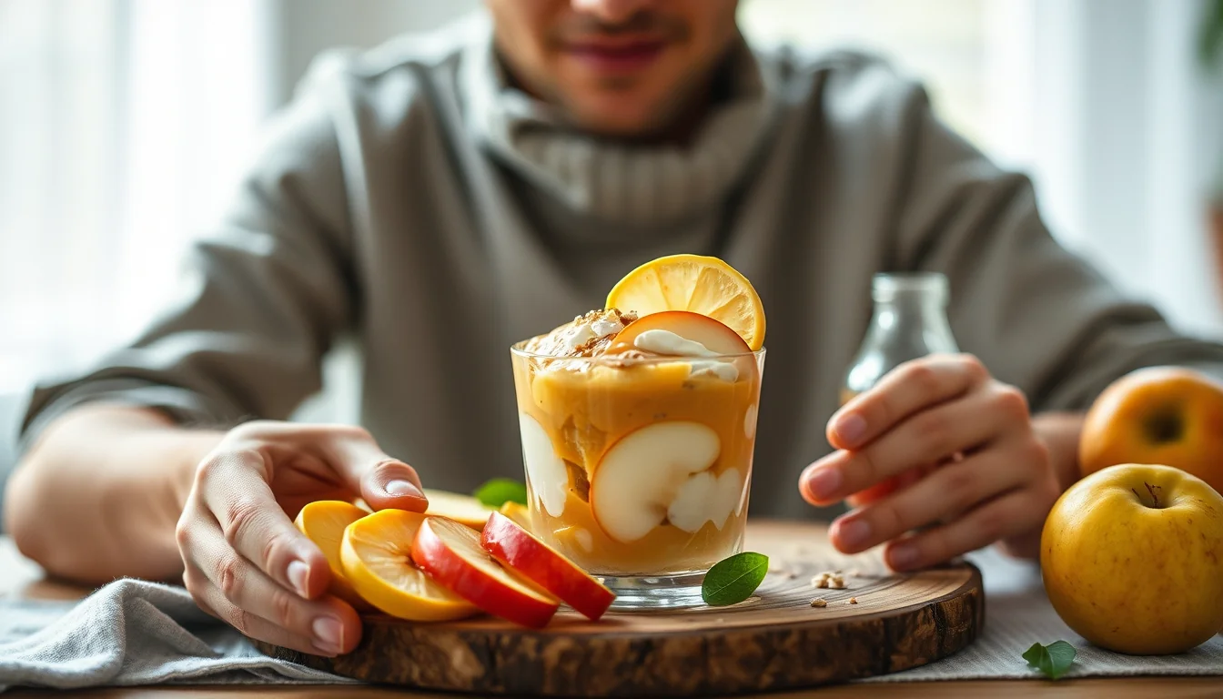 Fotografía documental de deléitate con un postre ligero de manzana en solo minutos con enfoque profesional en salud, deporte y nutrición real