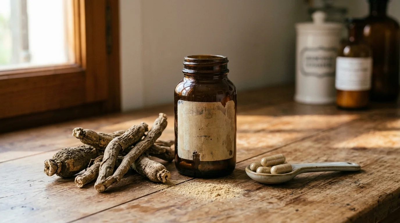 Fotografía real de raíz de Ashwagandha Withania somnifera en mesa de botica con frasco y cápsulas