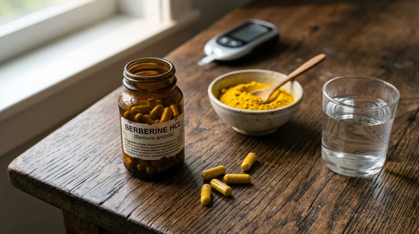 Fotografia real de extracto de Berberina HCL en capsulas y polvo amarillo en mesa de madera