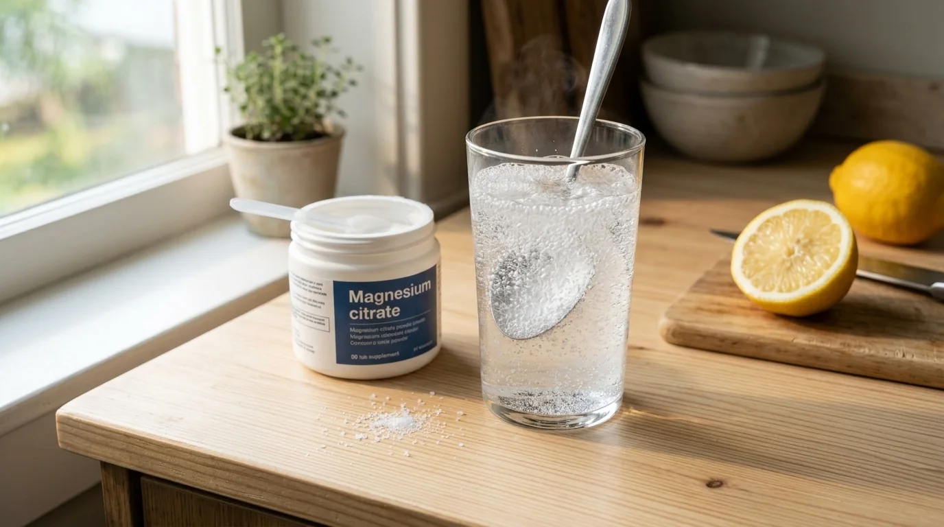 Fotografia de vaso con agua efervescente disolviendo citrato de magnesio con cuchara y limon