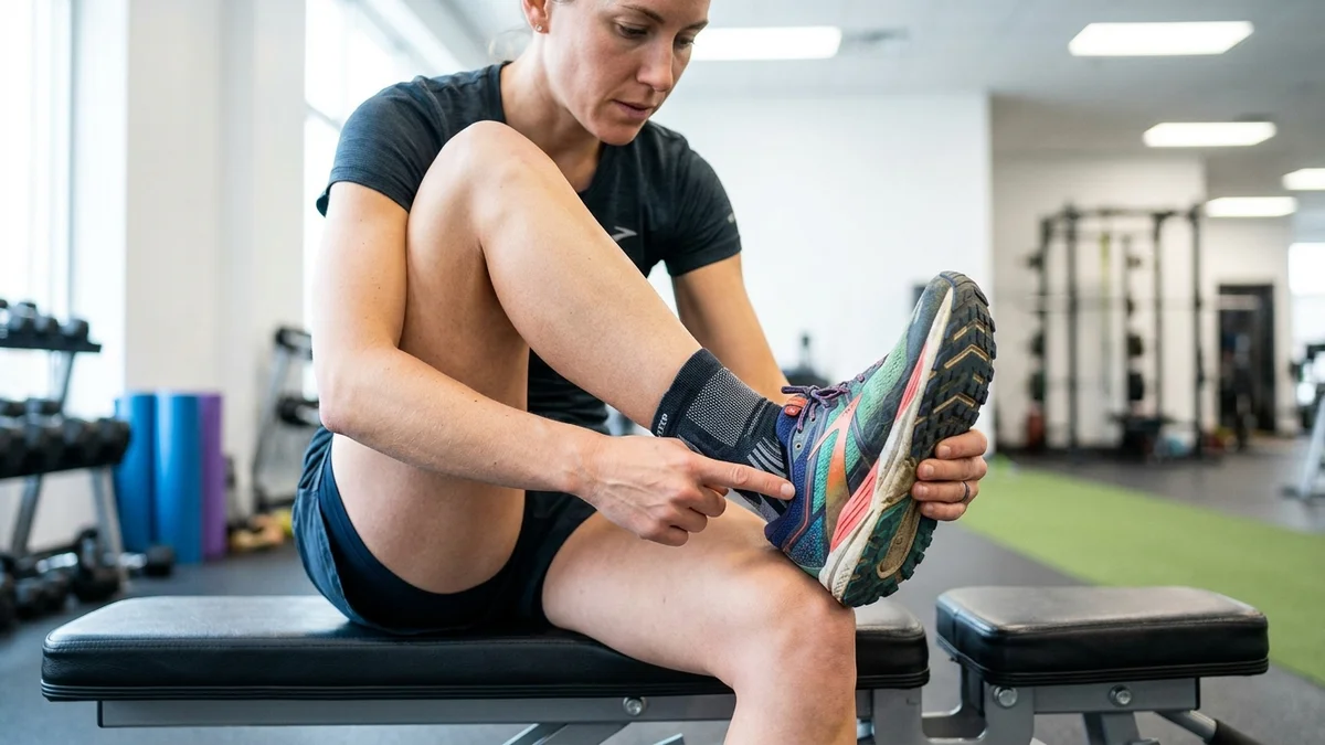 Corredora examinando dolor en el borde externo del pie y tendon peroneo