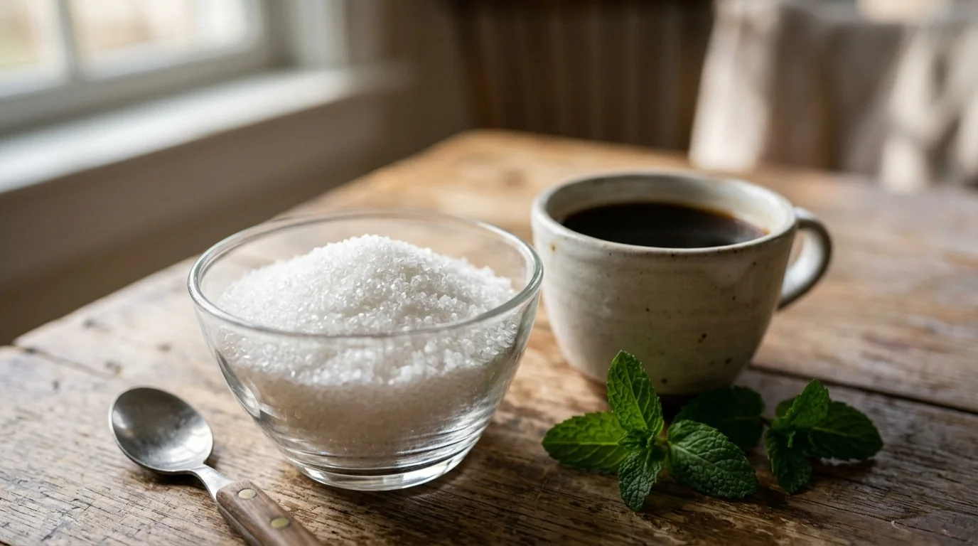 Fotografía real de cuenco de cristal con eritritol granulado junto a taza de café y menta fresca