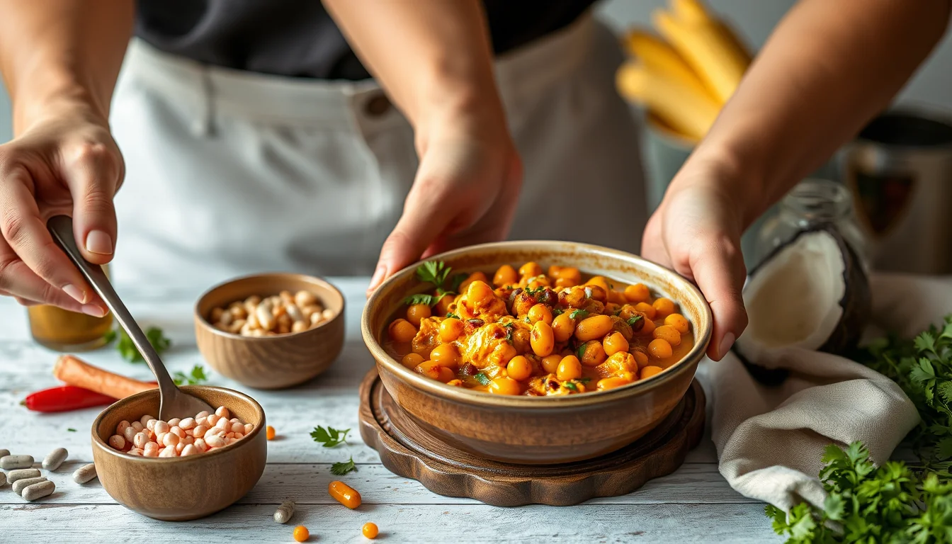 Fotografía documental de delicioso curry vegano de garbanzos sin leche de coco en sólo 30 minutos con enfoque profesional en salud, deporte y nutrición real