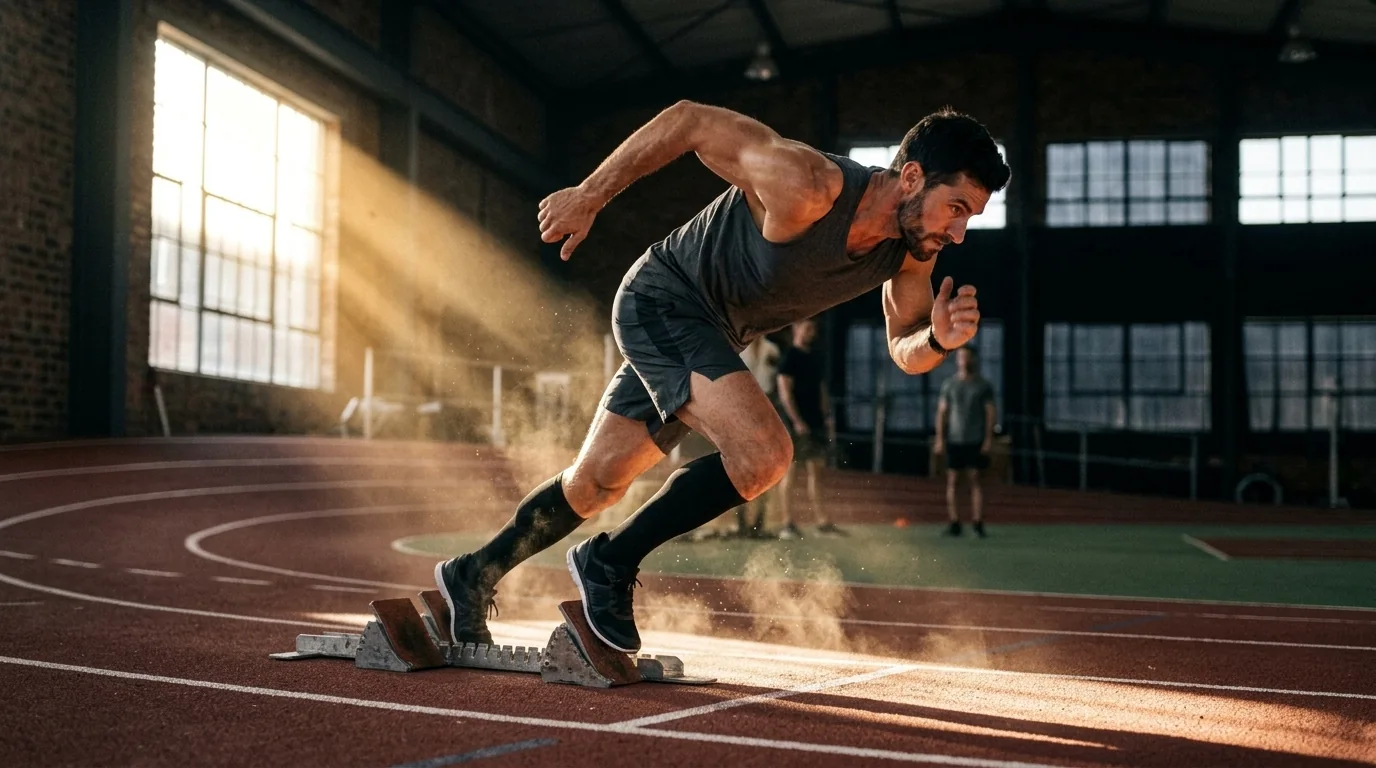 Fotografía deportiva de atleta mesomorfo en salida explosiva de velocidad en pista cubierta con rayo de sol