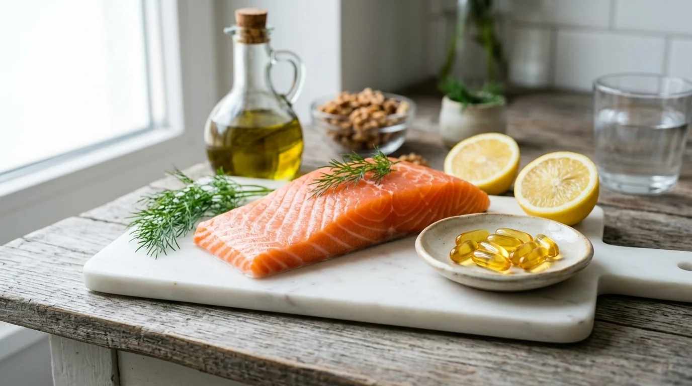 Fotografía de cocina con lomo de salmón fresco limón aceite de oliva y perlas doradas de Omega-3