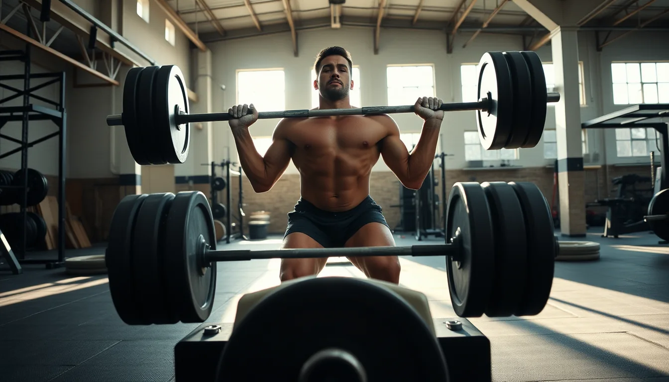 Fotografía deportiva documental de barra cargada con discos olímpicos de competición y tiza en tarima de powerlifting