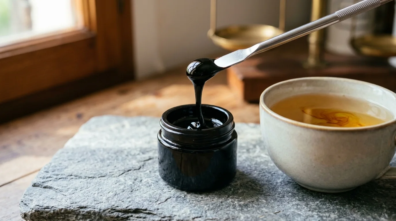 Fotografia de resina pura de Shilajit del Himalaya en espatula sobre pizarra con te caliente