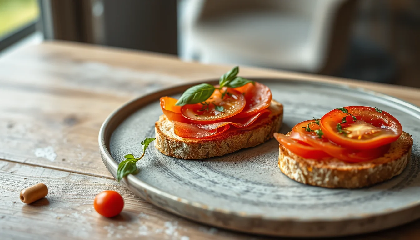 Fotografía documental de deliciosas tostadas de tomate y jamón: el sabor perfecto en un bocado con enfoque profesional en salud, deporte y nutrición real