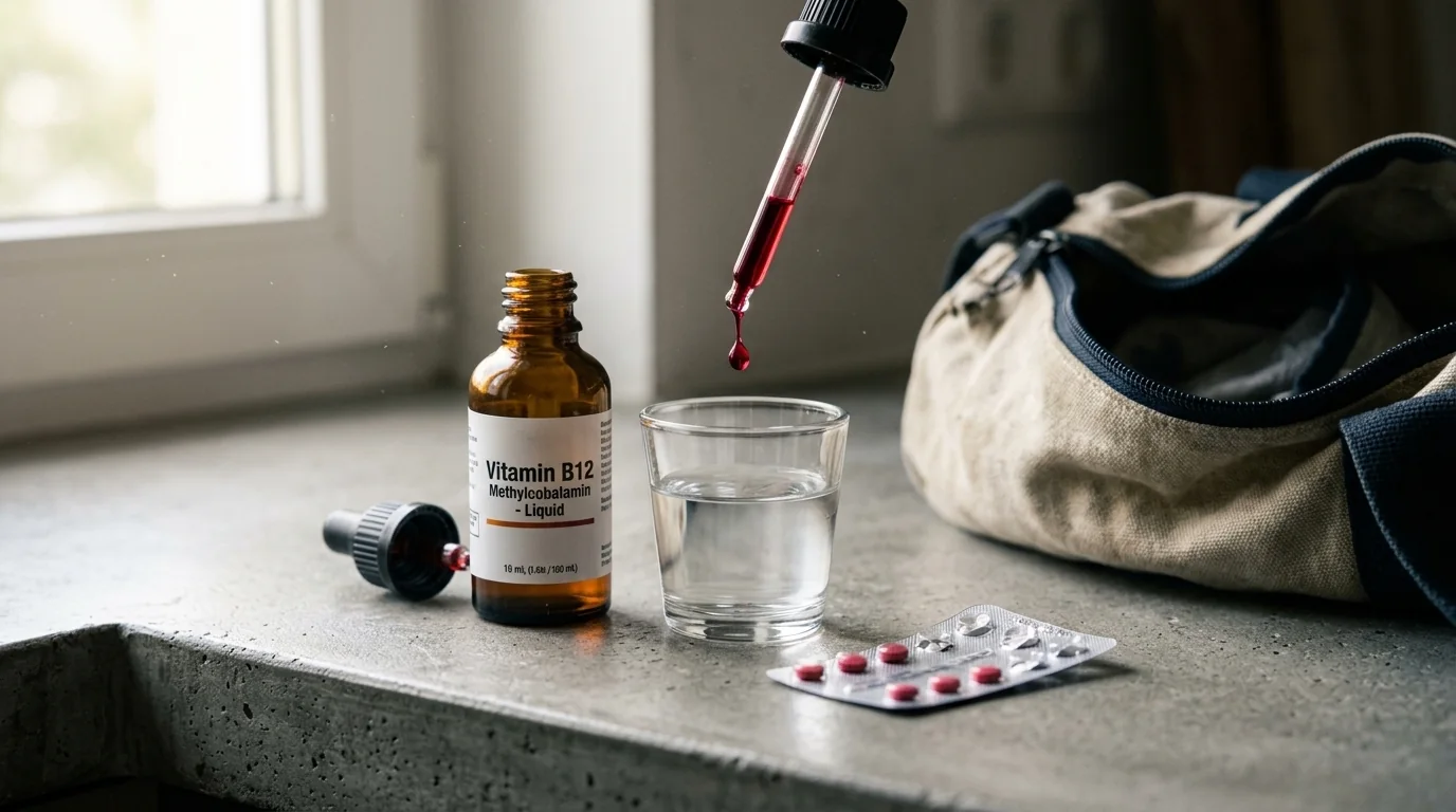 Fotografia de frasco cuentagotas de vitamina B12 metilcobalamina con gota carmesi y comprimidos
