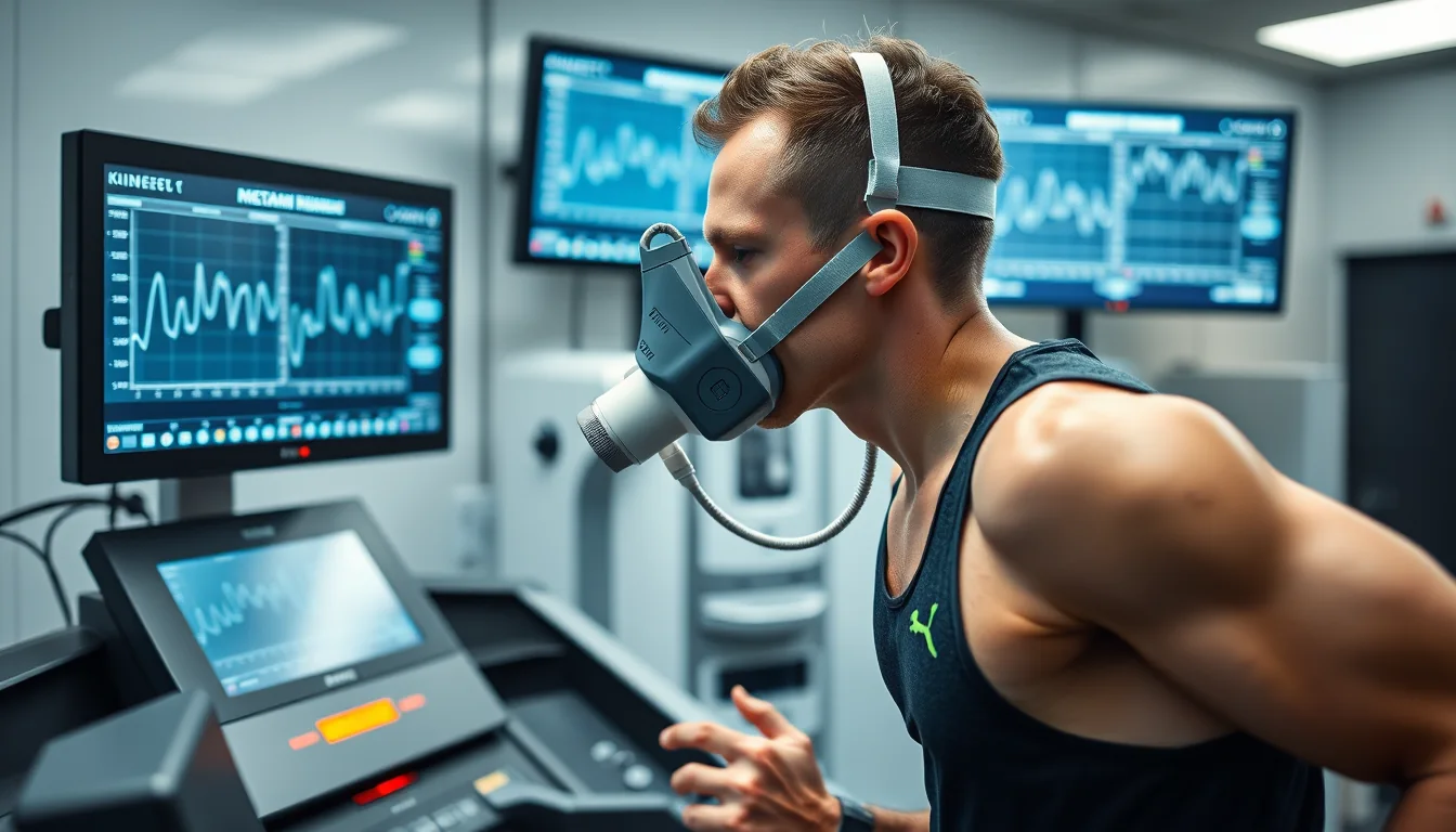 Fotografía de prueba de esfuerzo en cinta rodante con máscara de espirometría para medir el VO2 máx del corredor
