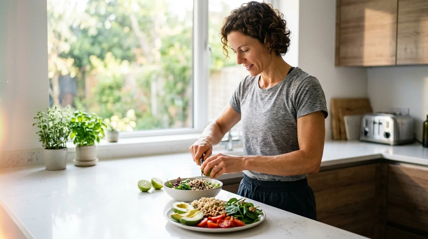 Fotografía real de atleta preparando comida saludable rica en nutrientes en cocina luminosa